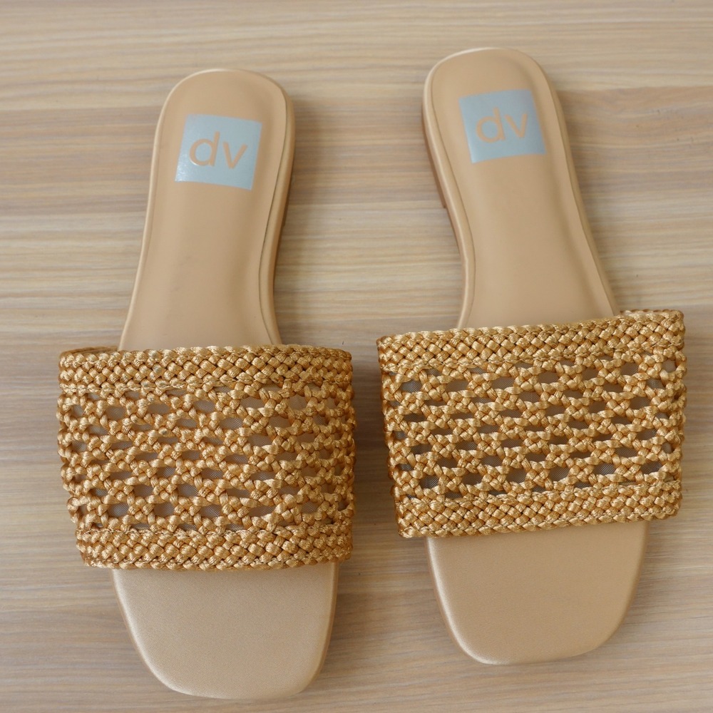 Boho Resort Flat Slide Sandals Womens 6 Gold Metallic Summer Glam DV Dolce Vita
